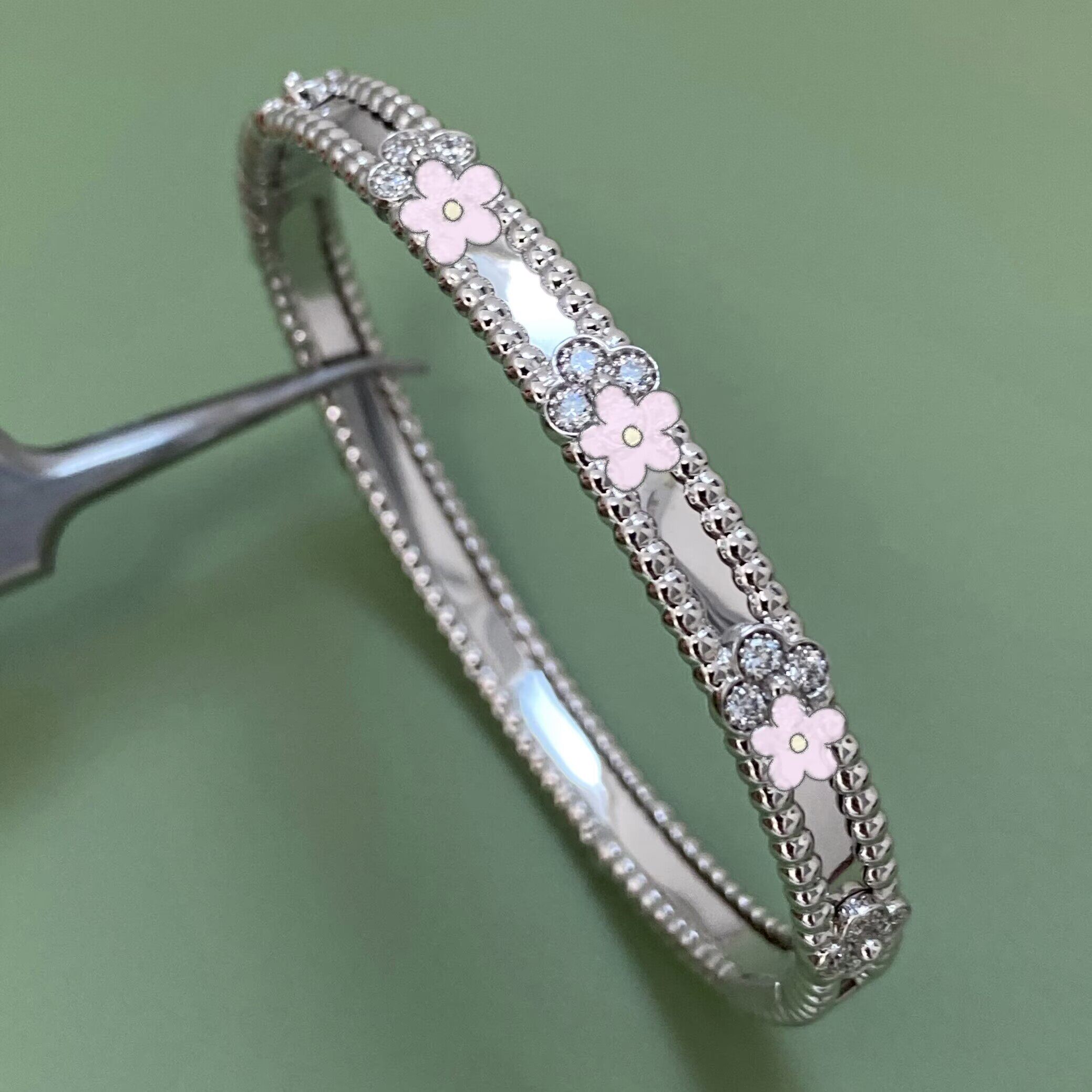 18k金黄金玫瑰金白金珠珠窄版万花筒四叶草手镯天然钻石au750女