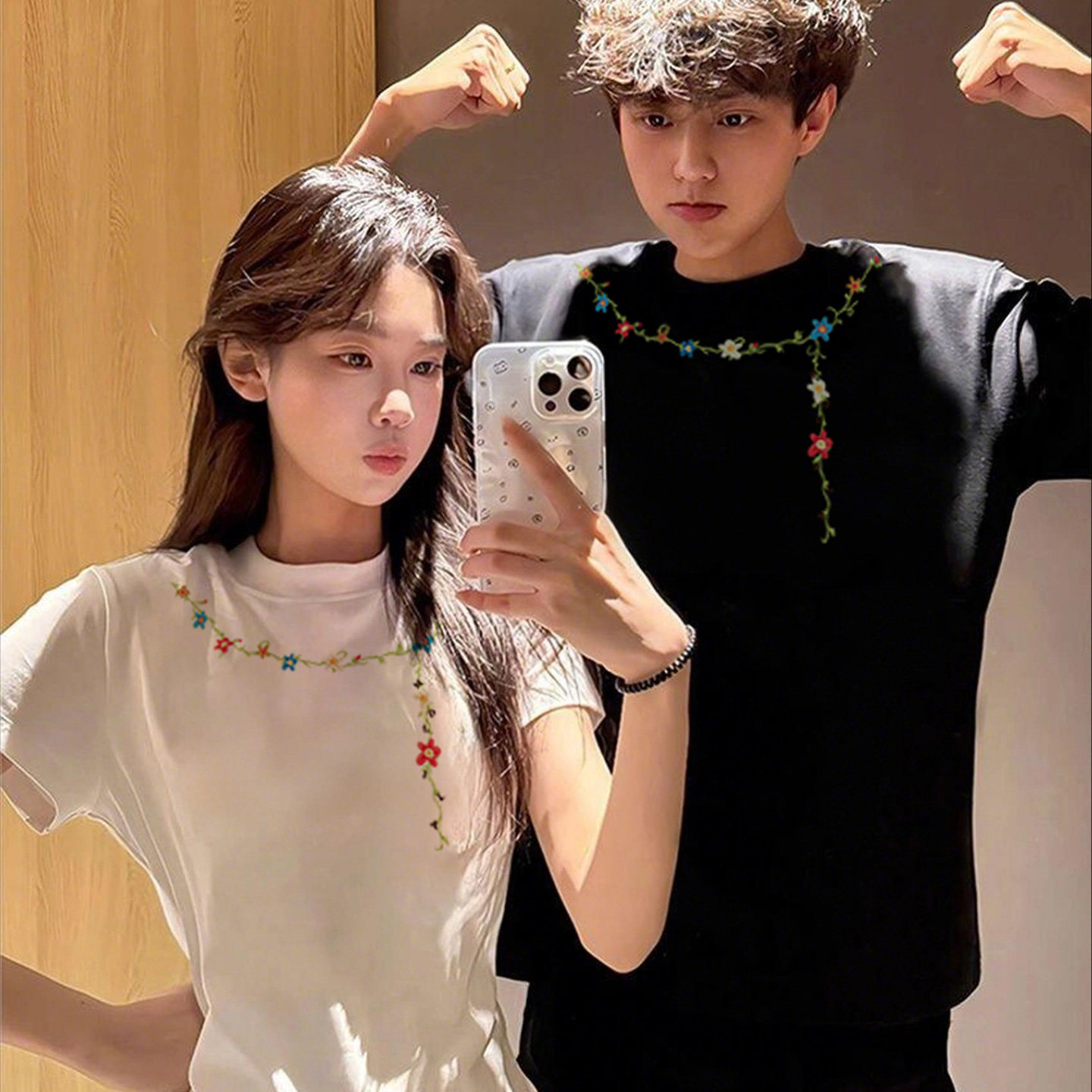 乔巴先生不一样的情侣装2026新款夏季短袖T恤项链印花一长一短衣