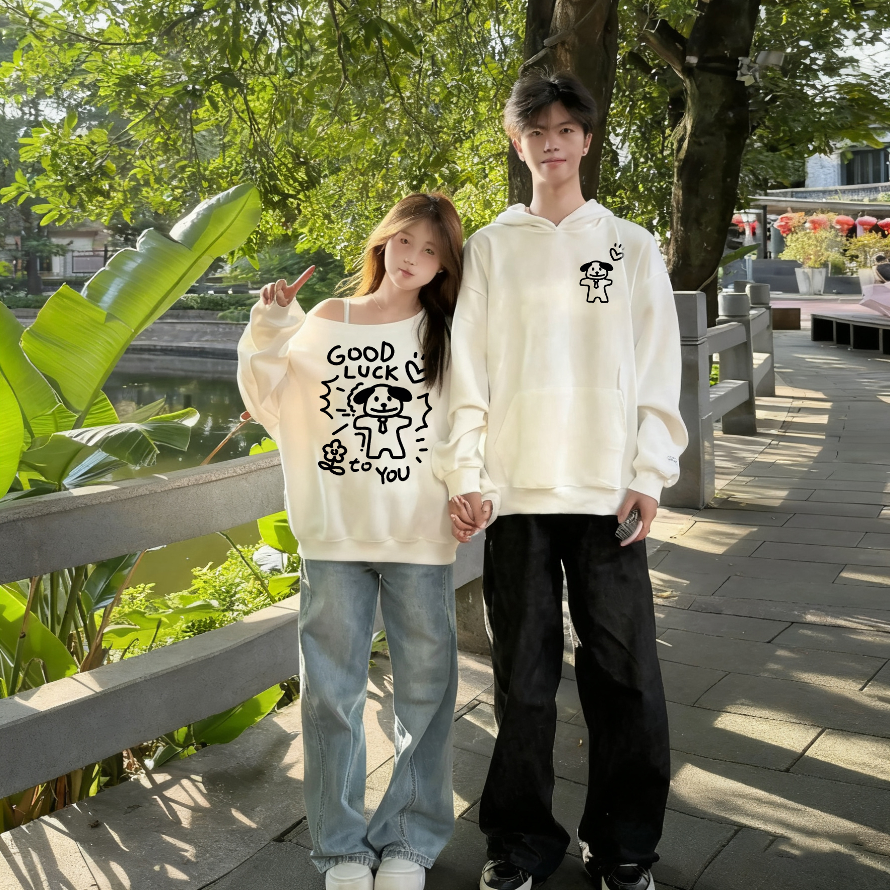 情侣装斜肩卫衣套装2025新款早秋季一男一女宽松慵懒风小个子外套