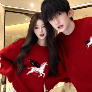 本命年情侣装毛衣女秋冬季贺岁小马百搭宽松慵懒风新年针织衫套装