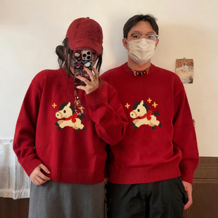 2026年新款 款 红色新年战袍外套 毛衣秋冬季 属马年本命年衣服情侣装