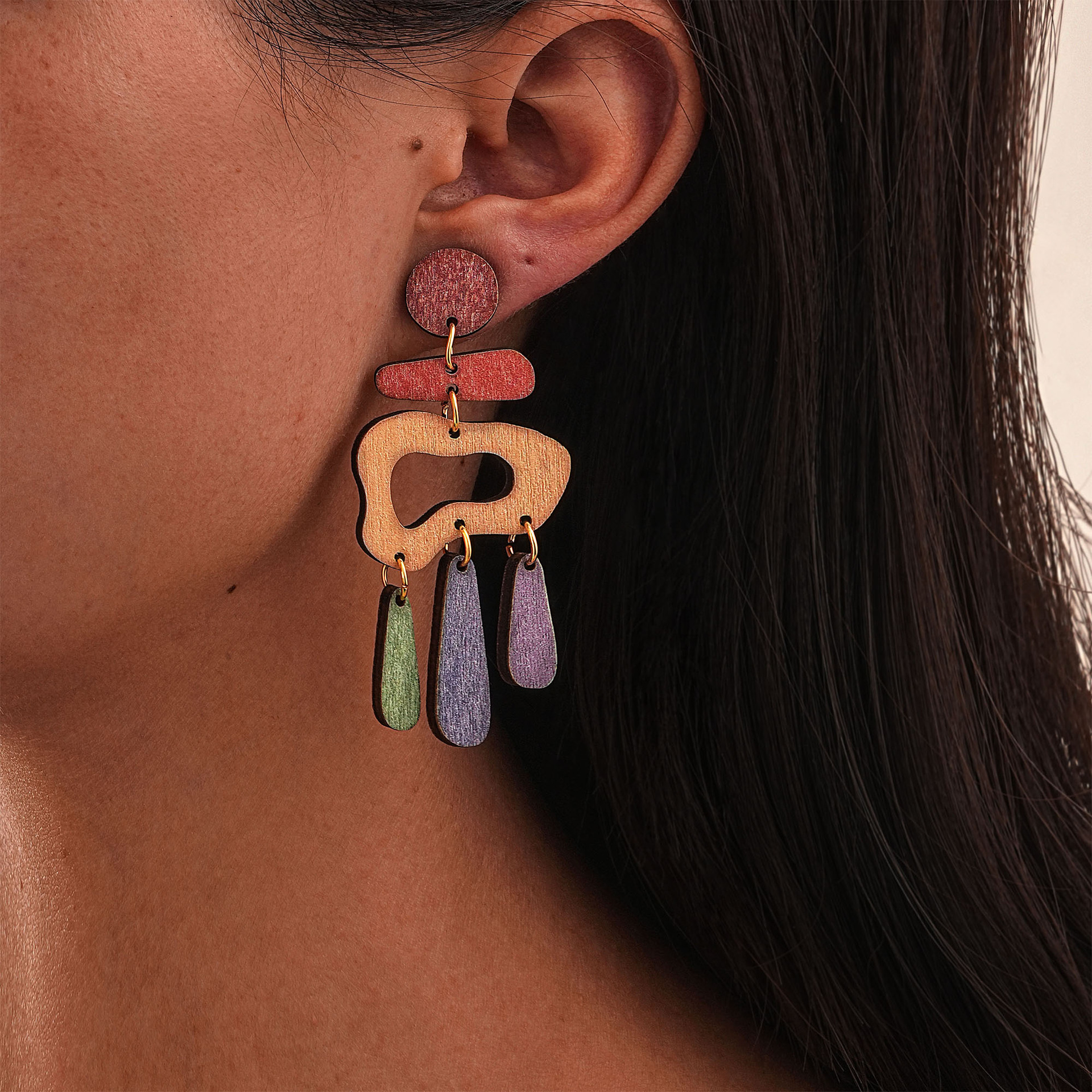 women ethnic style Wooden earrings colorful graphic earrings