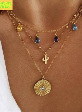 Retro disc 3-layer necklace colored gemstone choker female