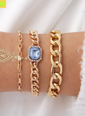 ins three-layer chain blue baguette bracelet women  bangle