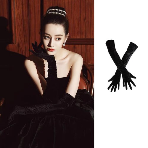 New Hot Women's Retro Dress Wedding Bar Gold Velvet Gloves