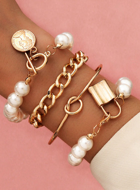 Fashion Lock Pearl Snake Bone Chain Bracelet with Opening