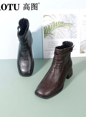 高图时装靴女2025冬季新款方头法式复古通勤显瘦短筒靴6564-81055