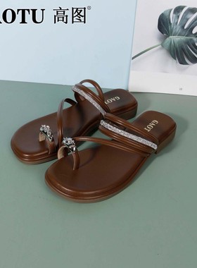 高图夹趾拖鞋女2025夏季新款平底时尚水钻百搭罗马拖鞋5553-31072