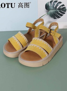 高图休闲凉鞋女2025夏季新款牛皮软底日常复古罗马凉鞋7540-32022