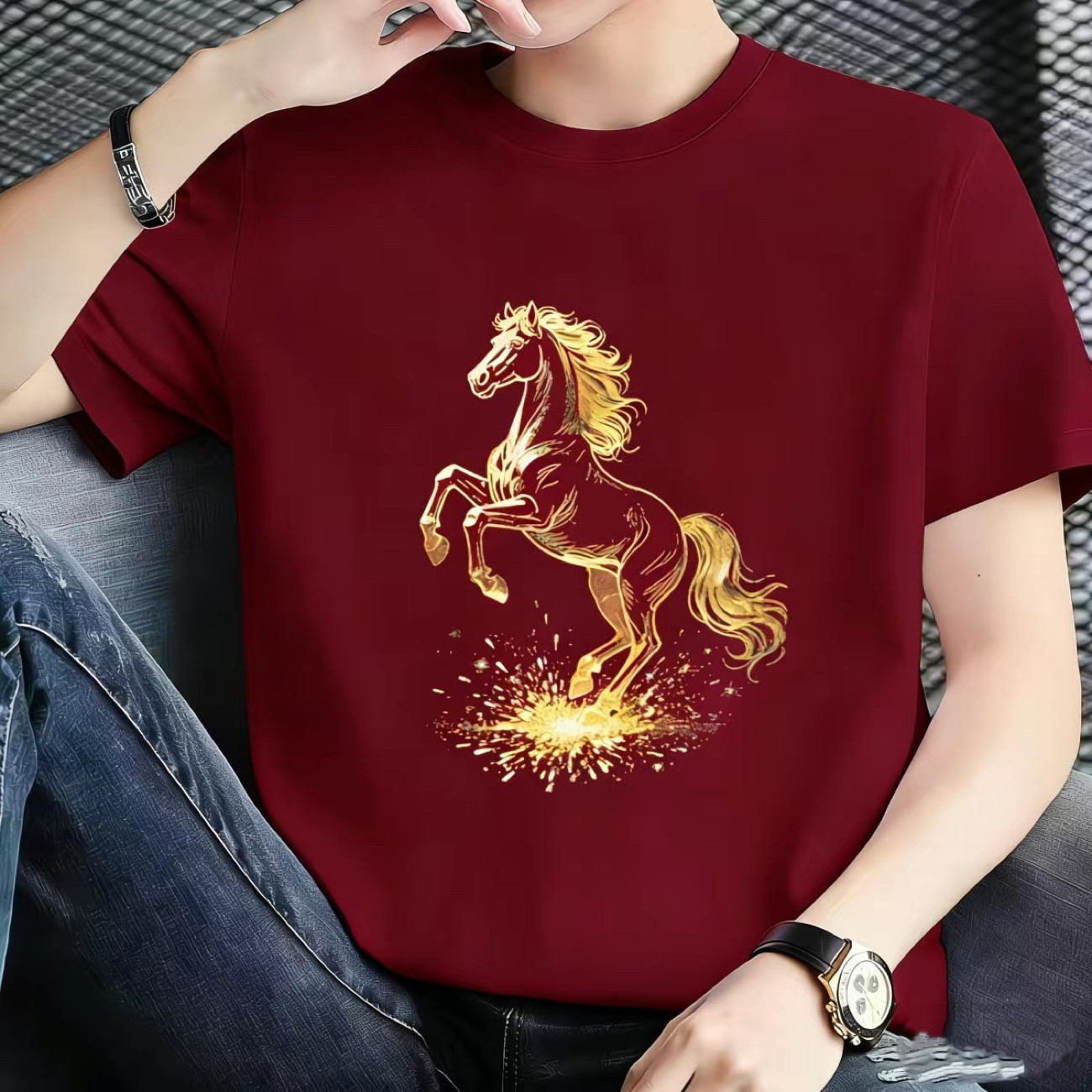 100%纯棉红色男马年喜庆印花T恤本命年时尚新款上衣圆领休闲短袖