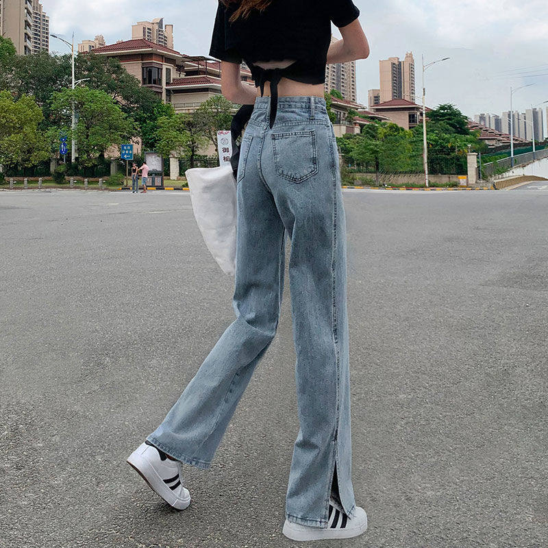 开叉阔腿牛仔裤女直筒宽松显瘦高腰2021春夏季新款垂感分叉拖地裤