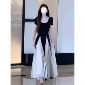 法式小众设计连衣裙女夏季新款时尚高级感撞色A字裙修身显瘦长裙