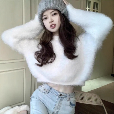 水貂毛慵懒风白色毛衣女春秋季穿搭韩版圆领收腰修身软糯短款上衣