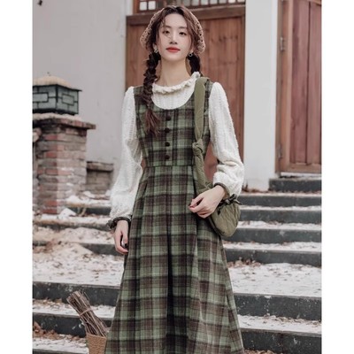 学院风假两件绿色格子连衣裙
