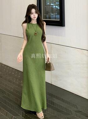 法式绿色袖背心连衣裙子女夏季新款海边度假高级感修身长裙