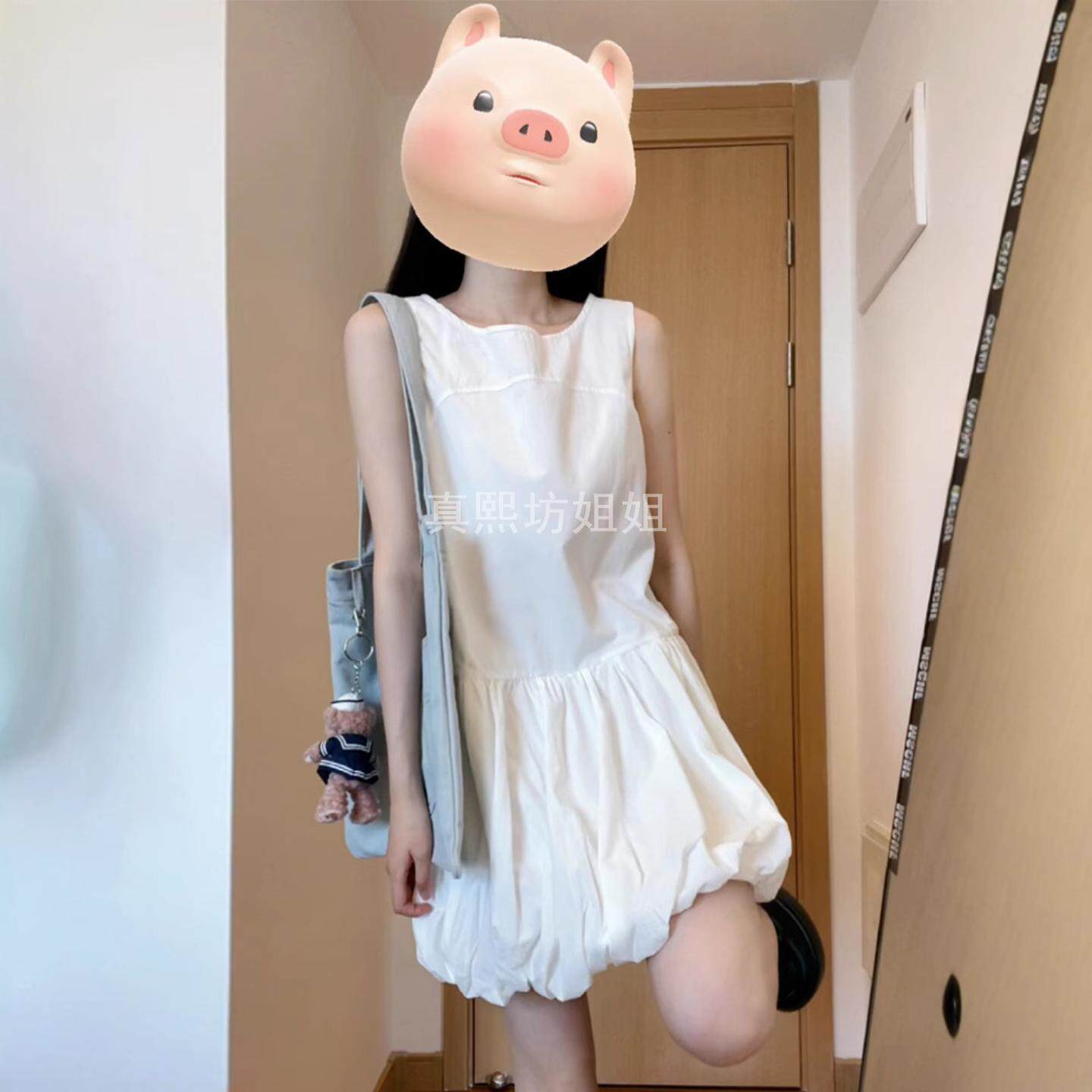 法式袖白色背心连衣裙女夏季新款