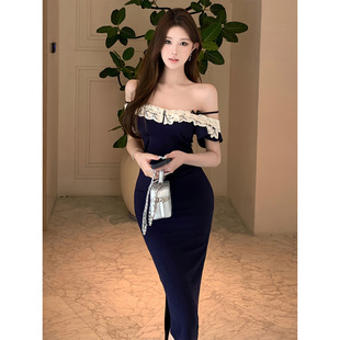 御姐穿搭复古深蓝色一字肩气质款 连衣裙名媛掐腰包臀小裙子2026夏