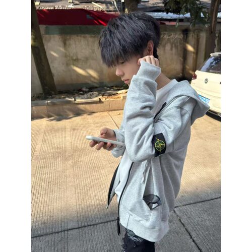 美式复古cleanfit徽章刺绣开衫连帽卫衣男女潮牌休闲情侣拉链外套