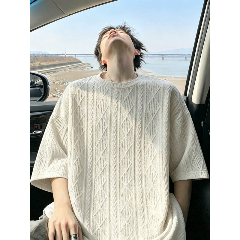 镂空麻花纹短袖男夏季青少年美式T恤