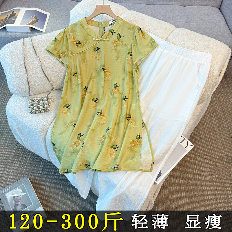 200斤胖mm大码显瘦新中式国风茶歇T恤上衣天丝阔腿长裤两件套装夏