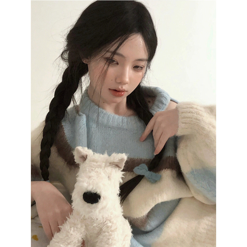 JAPANESE LAZY STYLE SOFT WAXY BLUE STRIPED PULLOVER SWEATER WOMENS NEW WINTER HIGH-END HOLLOW OFF-THE-SHOULDER KNITWEAR