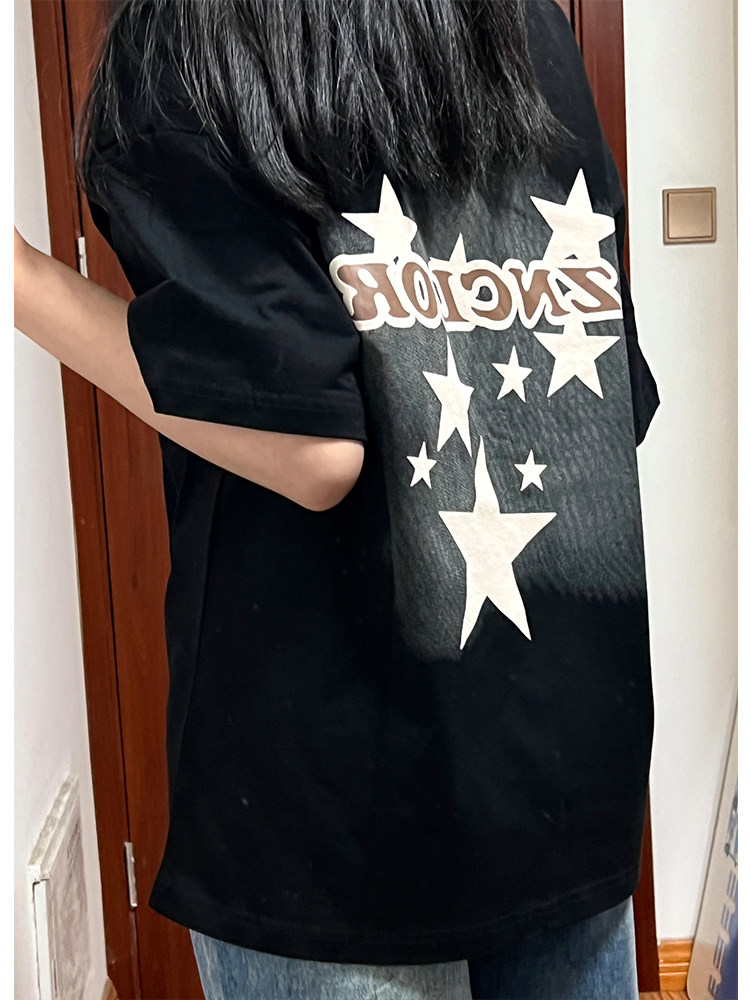 AMERICAN RETRO FASHION BRAND STAR PRINT SHORT-SLEEVED T-SHIRT SUMMER LOOSE AND VERSATILE MALE AND FEMALE COUPLES MID-LENGTH TOPS INS