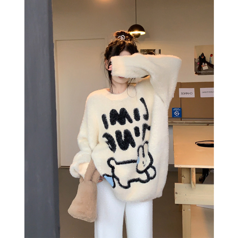 CARTOON BUNNY LETTERS MINK PULLOVER KNITTED SWEATER WOMENS TRENDY BRAND DESIGN LAZY STYLE CUTE PADDED TOP
