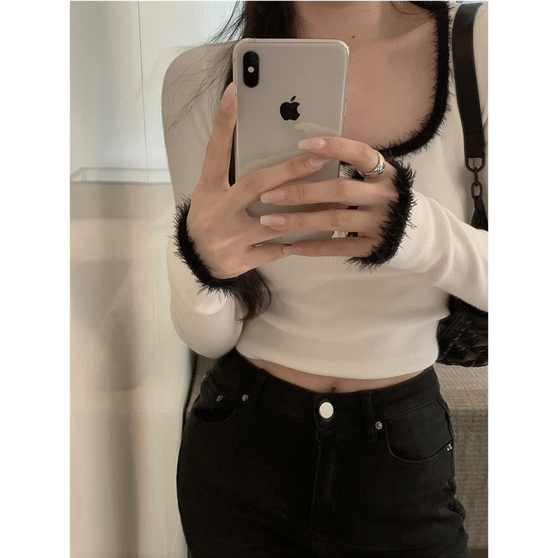 BLACK AND WHITE CONTRASTING STITCHING CROPPED KNIT SWEATER WOMENS DESIGN SENSE SLIM SLIM PULLOVER SQUARE NECK LEAKY COLLARBONE BASE SHIRT