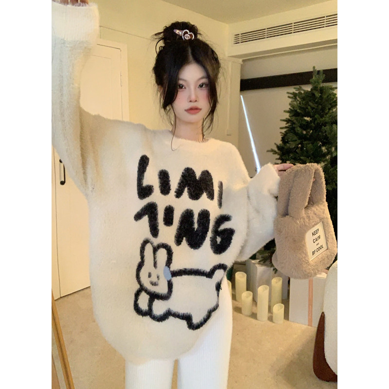 CARTOON BUNNY LETTERS MINK PULLOVER KNITTED SWEATER WOMENS TRENDY BRAND DESIGN LAZY STYLE CUTE PADDED TOP