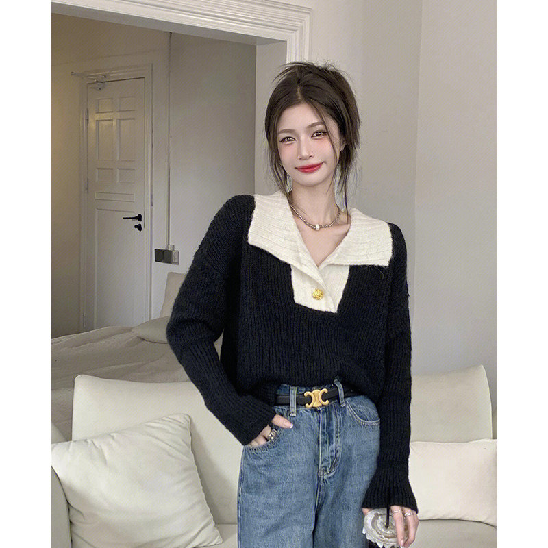 2022 AUTUMN AND WINTER NEW CONTRASTING LAPEL PULLOVER SWEATER WOMENS KOREAN VERSION OF THE FOREIGN STYLE IS VERSATILE SWEET AND GENTLE STYLE KNITWEAR