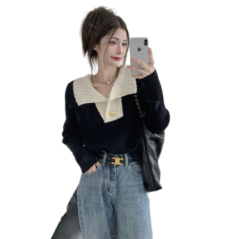 2022 AUTUMN AND WINTER NEW CONTRASTING LAPEL PULLOVER SWEATER WOMENS KOREAN VERSION OF THE FOREIGN STYLE IS VERSATILE SWEET AND GENTLE STYLE KNITWEAR