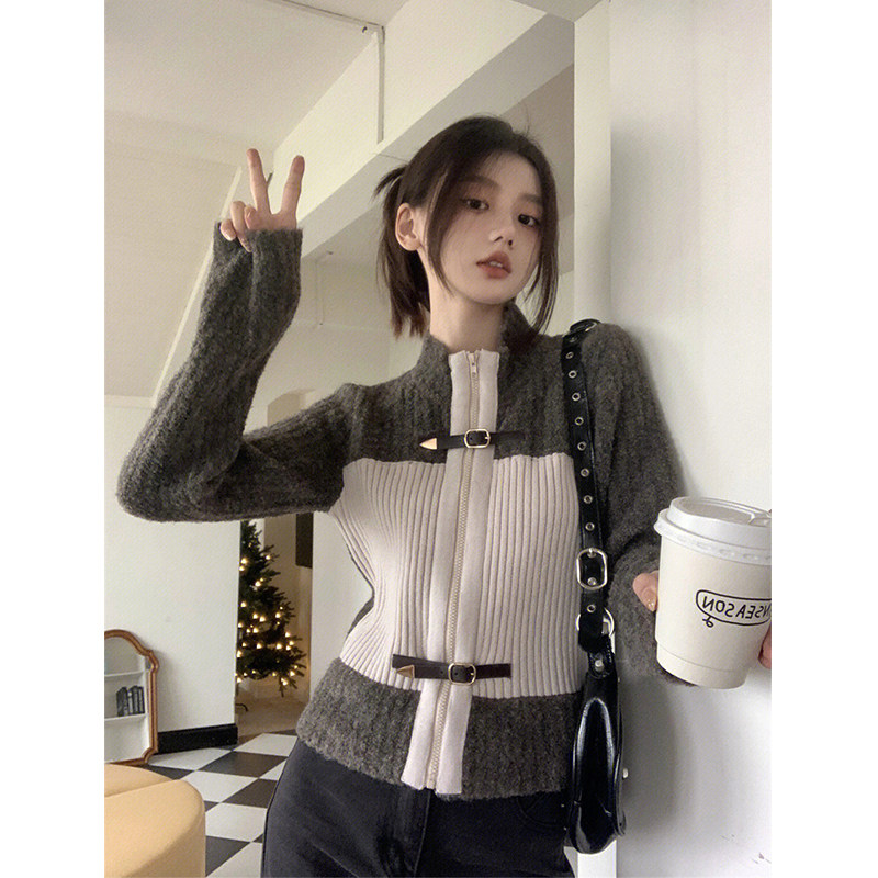 FASHIONABLE HIGH-END CONTRASTING STITCHING RETRO SWEATER WOMENS WINTER FOREIGN STYLE LAZY STYLE THICK CROPPED CARDIGAN TOP