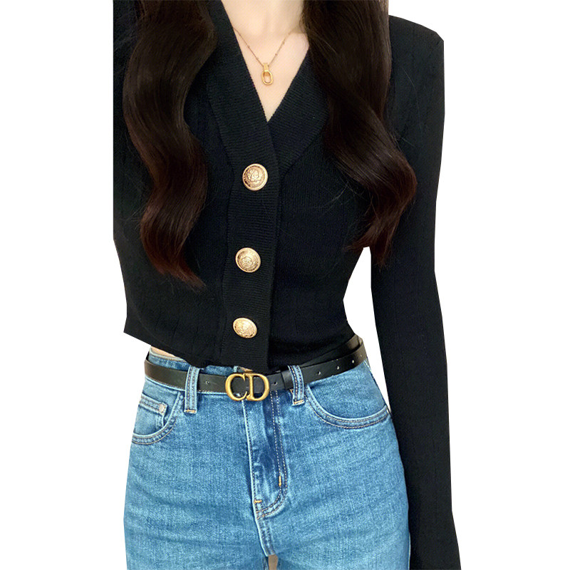 FRENCH V-NECK METAL BUTTON KNITTED CARDIGAN WINTER SLIM AND VERSATILE FOREIGN STYLE BLACK LUXURY CROP TOP