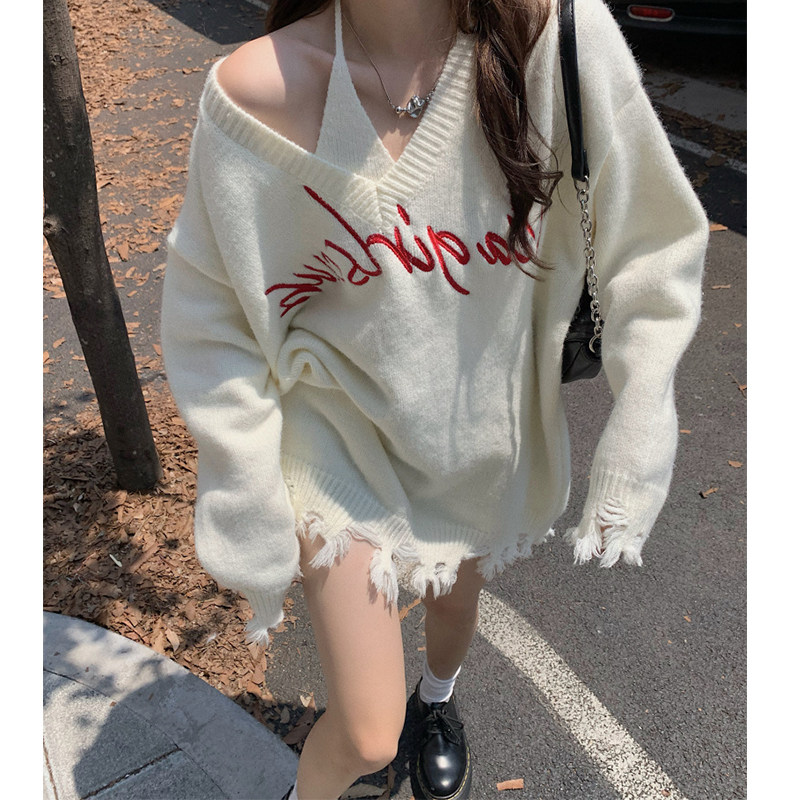 DESIGN: V-NECK LOOSE AND SOFT HALTERNECK VEST SWEATER 2022 AUTUMN AND WINTER NEW LAZY FASHION LETTER TWO-PIECE SET