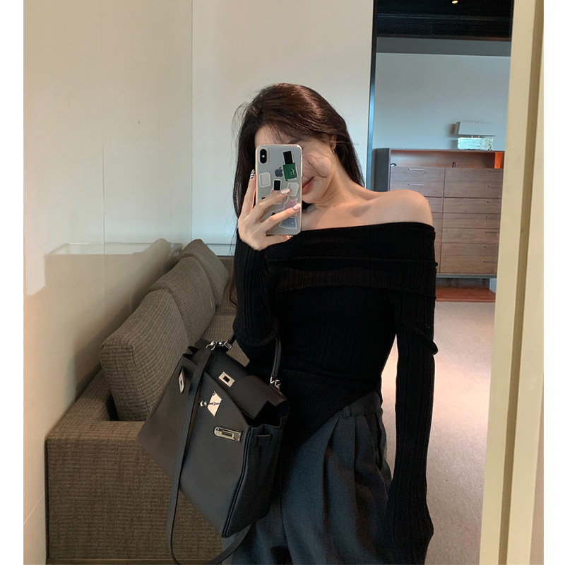 AUTUMN THIN GENTLE PURE ONE-SHOULDER KNITWEAR CHIC DESIGN SLIM FIT IRREGULAR SLIT BASE LAYER