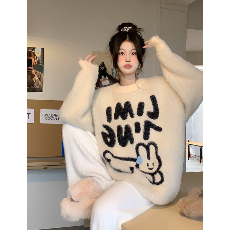 CARTOON BUNNY LETTERS MINK PULLOVER KNITTED SWEATER WOMENS TRENDY BRAND DESIGN LAZY STYLE CUTE PADDED TOP