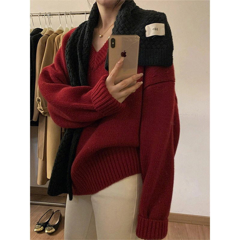 HONMEI NEW YEAR RED V-NECK KNITTED SWEATER WOMENS 2022 WINTER SENSE OF LUXURY LAZY STYLE FASHION PULLOVER TOP TOP