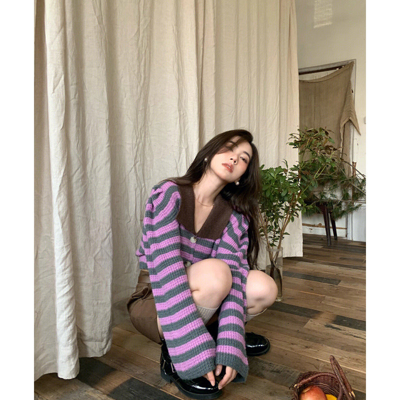 FRENCH RETRO LAPEL CONTRASTING STRIPED KNIT SWEATER WOMENS DESIGN CINCHED WAIST SHORT PUFF SLEEVE SINGLE-BREASTED JACKET