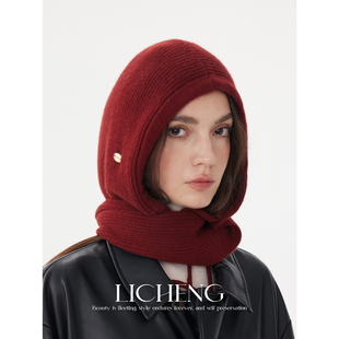 礼诚 100%澳洲羊毛连帽围巾秋冬纯色针织披肩抽绳帽子一体式围脖