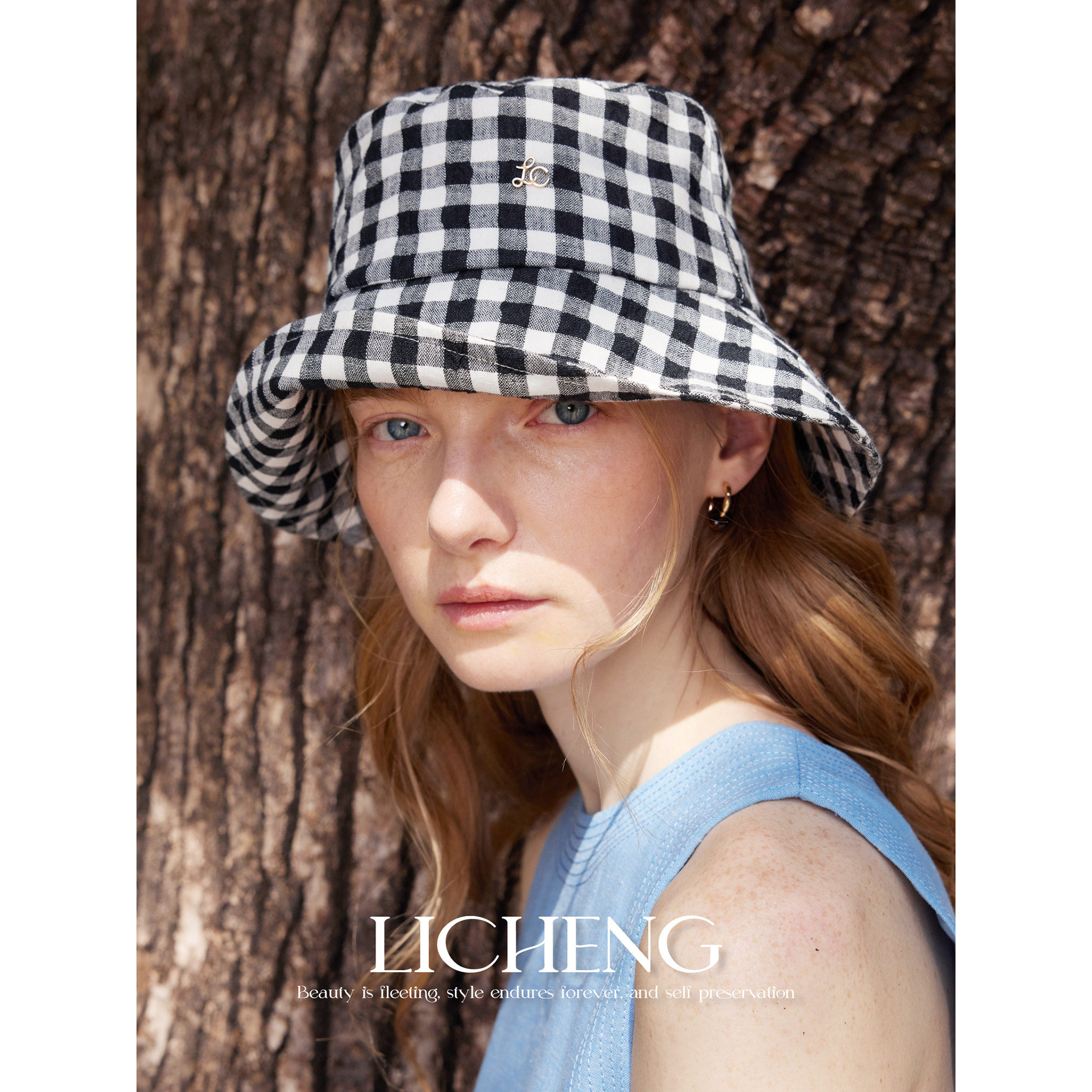 礼诚 微皱质感亚麻黑白小格纹防晒渔夫帽轻薄透气遮阳帽日系盆帽