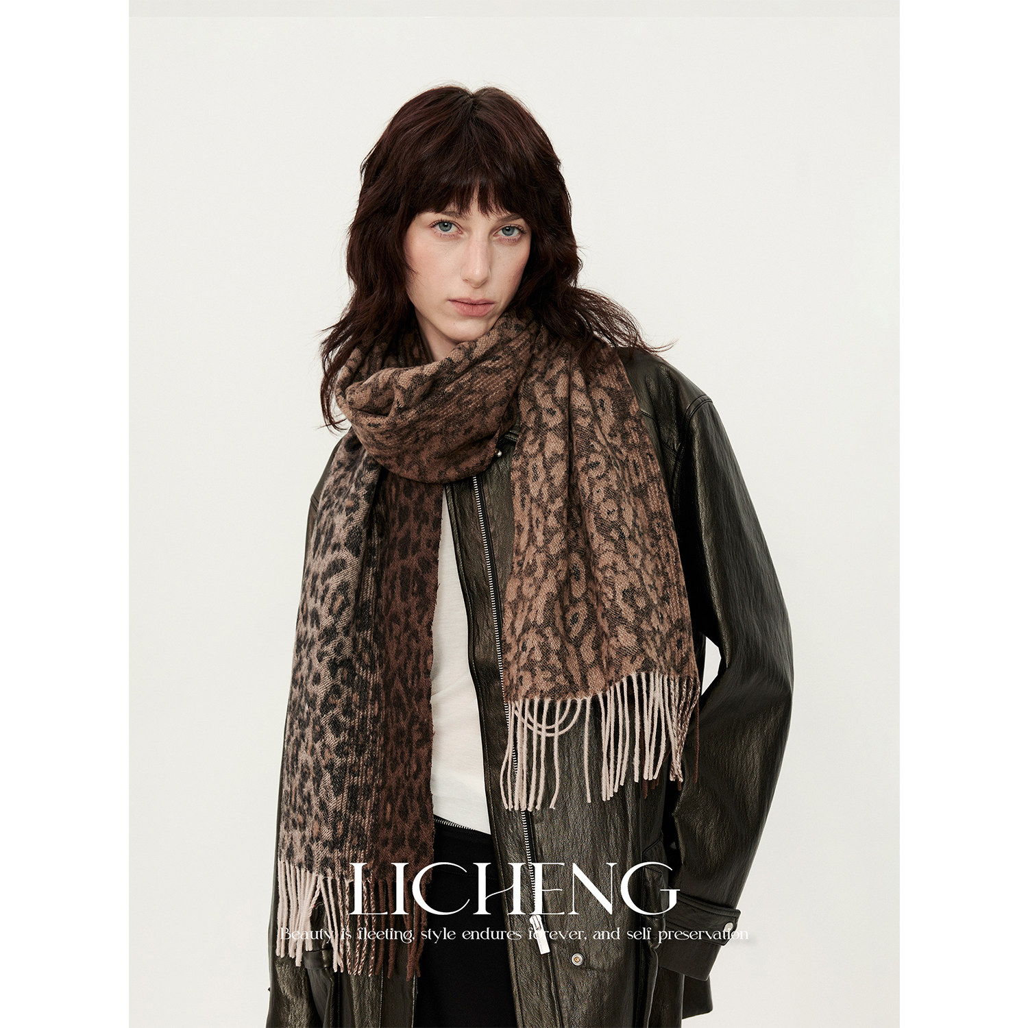 礼诚经典豹纹100%纯羊毛围巾