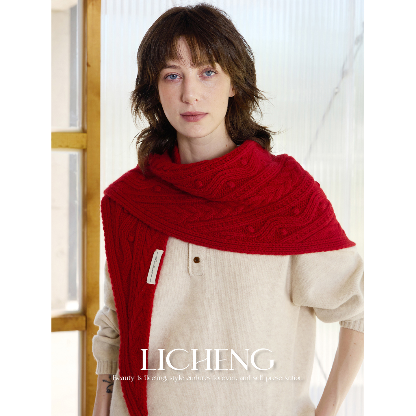 礼诚新年氛围红纯羊毛大披肩