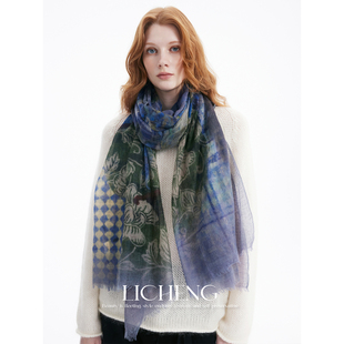 礼诚 莫奈油画蓝调100%山羊绒围巾女氛围感外搭保暖披肩戒指绒
