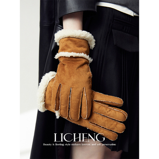 礼诚 仿麂皮绒防寒手套女冬季皮毛一体帽子护耳加绒雪地保暖套装