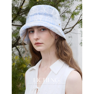 设计感蕾丝花朵格纹遮阳渔夫帽夏