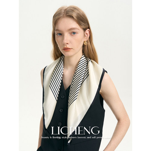 礼诚时髦黑白条纹100%真丝丝巾