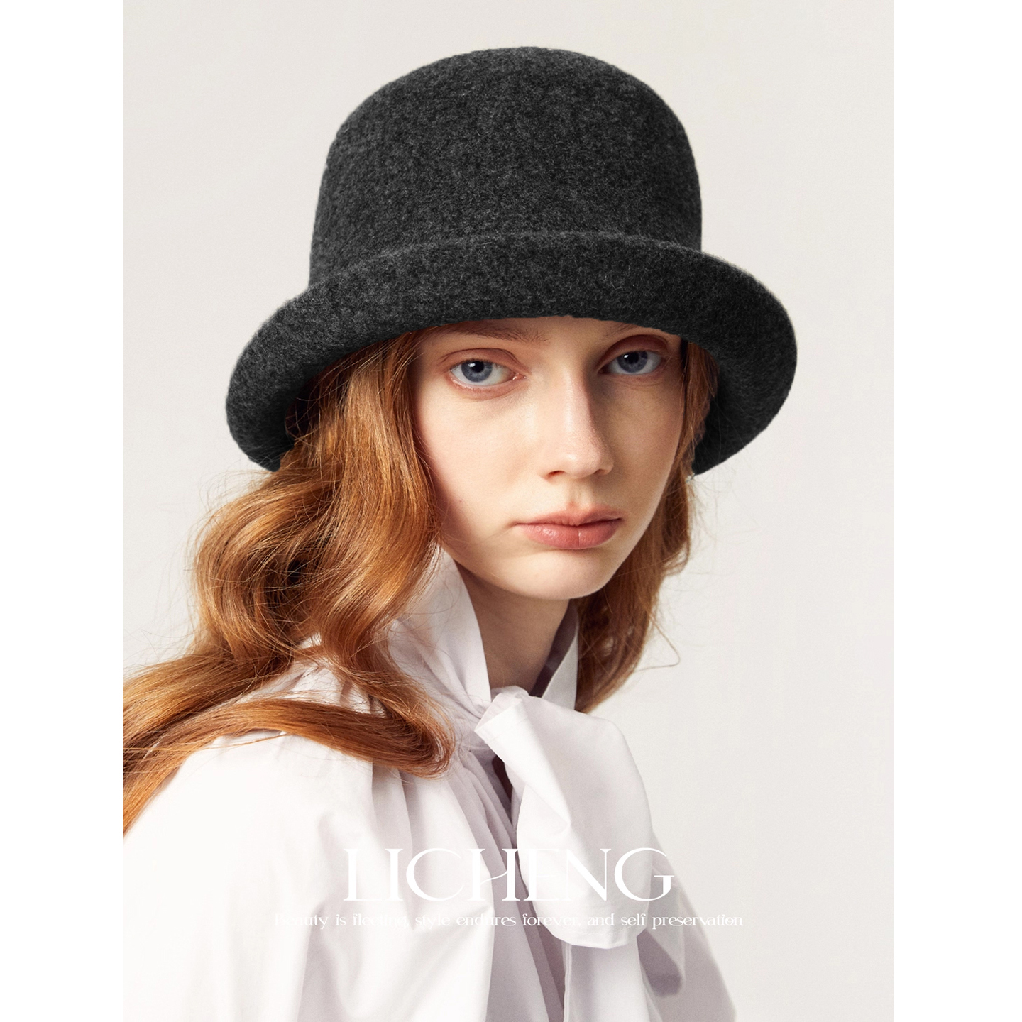 礼诚 半翻边设计羊毛渔夫帽子女2025新款冬季新款礼帽复古水桶帽