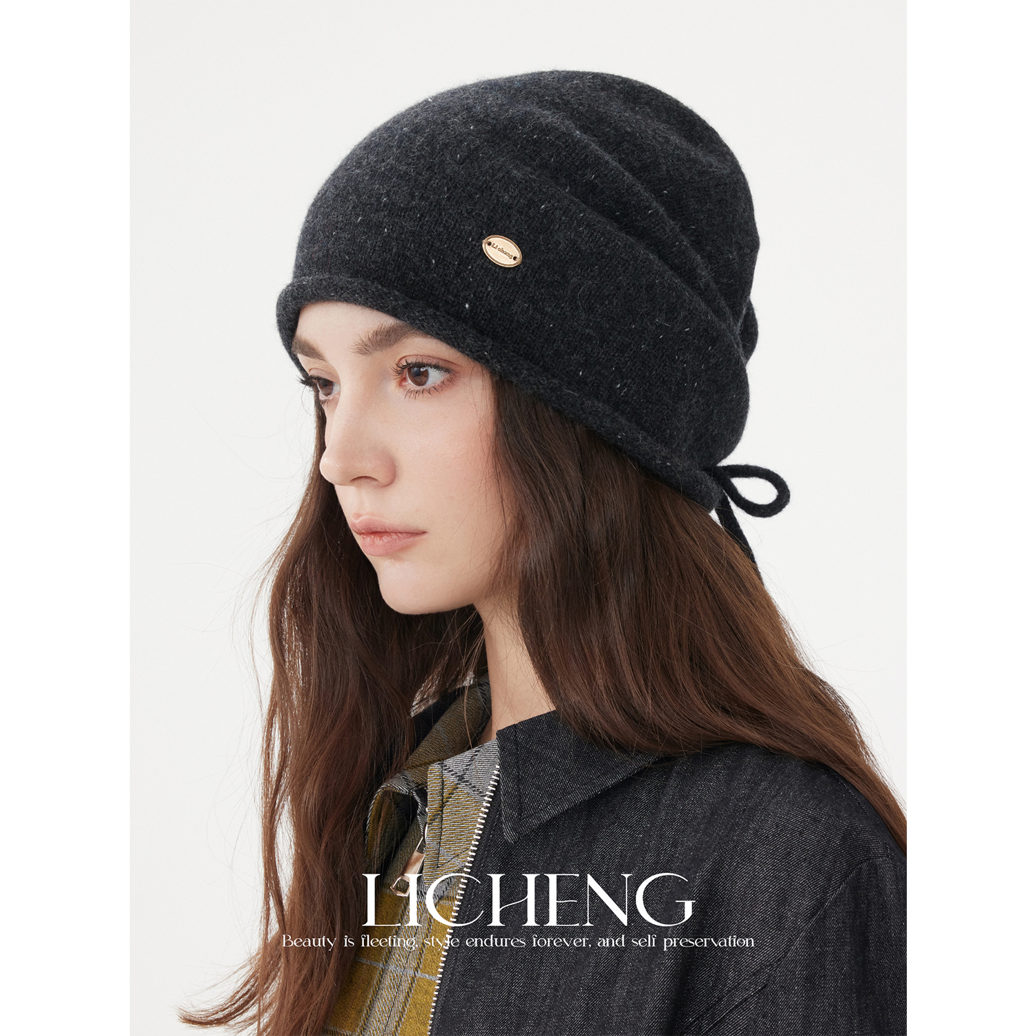 100%澳洲羊毛冷帽抽绳款针织帽女