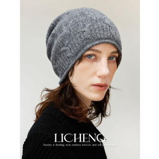 礼诚 立体绞花100%羊毛针织帽子女秋冬保暖复古文艺风护耳毛线帽