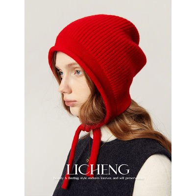 100%羊毛针织帽卷边护耳包头帽